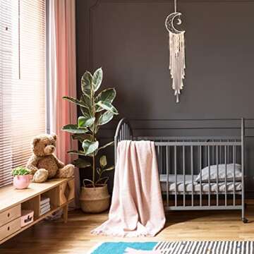 Boho Macrame Woven Wall Hanging, Crochet Crescent Moon Star Dream Catcher with Long Tassel- White Cotton Handmade Bohemian Home Decor Decoration Art Craft for Kids Bedroom Dorm Room