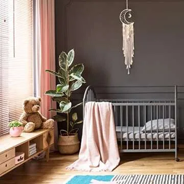 Boho Macrame Woven Wall Hanging, Crochet Crescent Moon Star Dream Catcher with Long Tassel- White Cotton Handmade Bohemian Home Decor Decoration Art Craft for Kids Bedroom Dorm Room