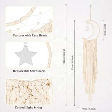 Boho Macrame Woven Wall Hanging, Crochet Crescent Moon Star Dream Catcher with Long Tassel- White Cotton Handmade Bohemian Home Decor Decoration Art Craft for Kids Bedroom Dorm Room