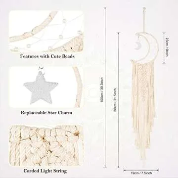 Boho Macrame Woven Wall Hanging, Crochet Crescent Moon Star Dream Catcher with Long Tassel- White Cotton Handmade Bohemian Home Decor Decoration Art Craft for Kids Bedroom Dorm Room