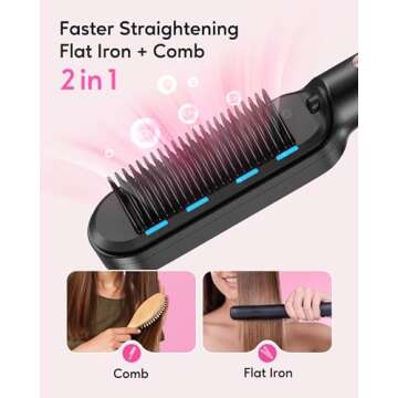 Wavytalk Hair Straightener Brush,Sleek Sweep Ionic Straightening Brush with 6 Temperature Adjust, Anti-Scald Ceramic Hair Straightener Comb Fast Heating for Home Salon, Dual Voltage, Rose Gold