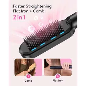 Wavytalk Hair Straightener Brush,Sleek Sweep Ionic Straightening Brush with 6 Temperature Adjust, Anti-Scald Ceramic Hair Straightener Comb Fast Heating for Home Salon, Dual Voltage, Rose Gold