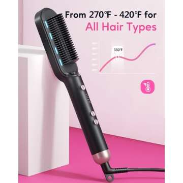 Wavytalk Hair Straightener Brush,Sleek Sweep Ionic Straightening Brush with 6 Temperature Adjust, Anti-Scald Ceramic Hair Straightener Comb Fast Heating for Home Salon, Dual Voltage, Rose Gold