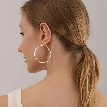 4mm Thick Gold Chunky Earrings Steling Silver Post Hoops Earrings For Women Hollow Tube Hoops Earrings Thick Gold Hoop Earrings Hypoallergenic Lightweight Gold Hoop Large Earrings 20/30/40/50/60MM,