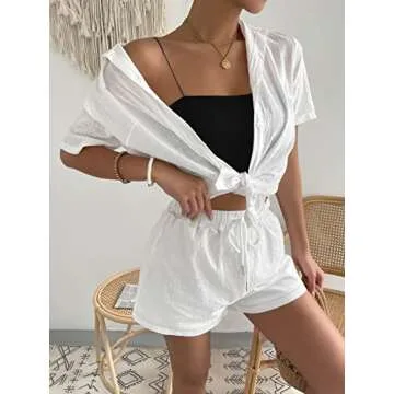 MakeMeChic Women's 2 Piece Outfits Casual Solid Short Sleeve Button Down Blouse and Short Set White L
