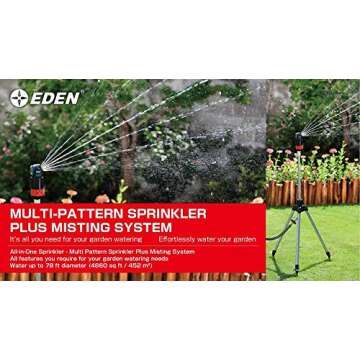 Eden 11530 Multi-Pattern Turbo Gear Drive Metal Tripod Sprinkler Plus Misting System w/Quick Connect Starter Kit, 360 Degree Coverage