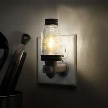 Rustic Mini Mason Jar Night Light in Bronze | Auto On/Off Sensor | Plug in Farmhouse Wall Decor | Cu...
