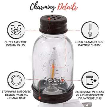 Rustic Mini Mason Jar Night Light in Bronze | Auto On/Off Sensor | Plug in Farmhouse Wall Decor | Cute Country Night Light | Energy Efficient LED Bulb | Timeless Design
