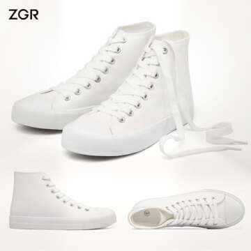 ZGR Womens Canvas Sneakers High Top Lace ups Casual Walking Shoes(White/White,US8)