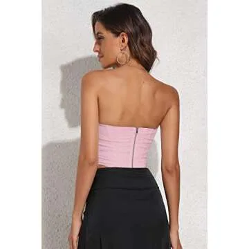 Women's Vintage Strapless Open Back Boned Mesh Bustier Zip Back Corset Bodyshaper Crop Top