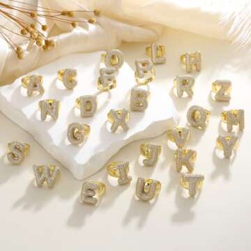 Fullrainbow Gold initial rings for women chunky gold rings bubble A-Z initial ring adjustable rings ...