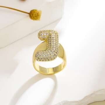 Fullrainbow Gold initial rings for women chunky gold rings bubble A-Z initial ring adjustable rings for women Zircon open letter ring (Gold Bubble Letter Ring-J)