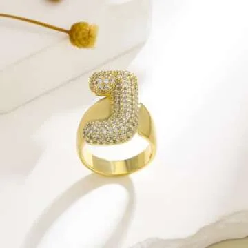 Fullrainbow Gold initial rings for women chunky gold rings bubble A-Z initial ring adjustable rings for women Zircon open letter ring (Gold Bubble Letter Ring-J)