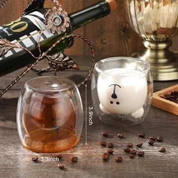 2 Pcs Cute Bear Mugs Insulated Double Wall Glass Bear Cups Animal Tea Milk Juice Chocolate Cappuccino Cups Home Glass Mugs for Birthday Gifts Valentine to Lover(White, Brown)