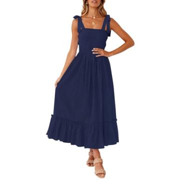ZESICA Women's 2024 Summer Boho Spaghetti Strap Square Neck Solid Color Ruffle A Line Beach Long Maxi Dress,Navy,Small