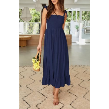 ZESICA Women's 2024 Summer Boho Spaghetti Strap Square Neck Solid Color Ruffle A Line Beach Long Maxi Dress,Navy,Small