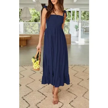 ZESICA Women's 2024 Summer Boho Spaghetti Strap Square Neck Solid Color Ruffle A Line Beach Long Maxi Dress,Navy,Small