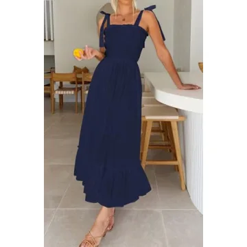 ZESICA Women's 2024 Summer Boho Spaghetti Strap Square Neck Solid Color Ruffle A Line Beach Long Maxi Dress,Navy,Small