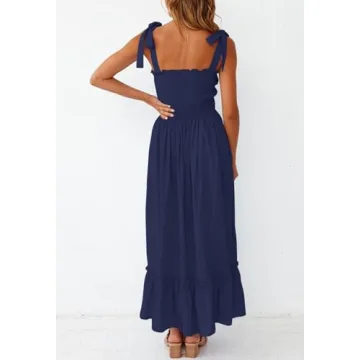 ZESICA Women's 2024 Summer Boho Spaghetti Strap Square Neck Solid Color Ruffle A Line Beach Long Maxi Dress,Navy,Small