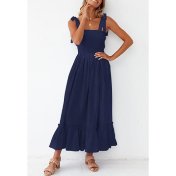 ZESICA Women's 2024 Summer Boho Spaghetti Strap Square Neck Solid Color Ruffle A Line Beach Long Maxi Dress,Navy,Small