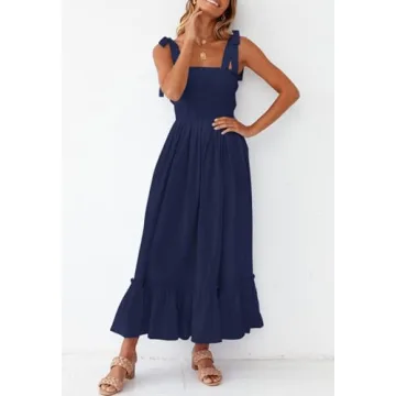 ZESICA Women's 2024 Summer Boho Spaghetti Strap Square Neck Solid Color Ruffle A Line Beach Long Maxi Dress,Navy,Small