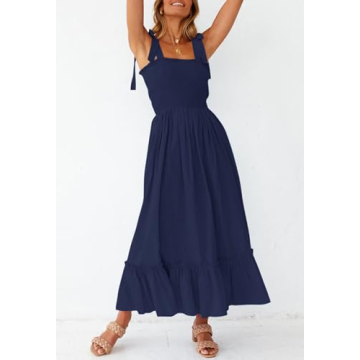 ZESICA Women's 2024 Summer Boho Spaghetti Strap Square Neck Solid Color Ruffle A Line Beach Long Maxi Dress,Navy,Small