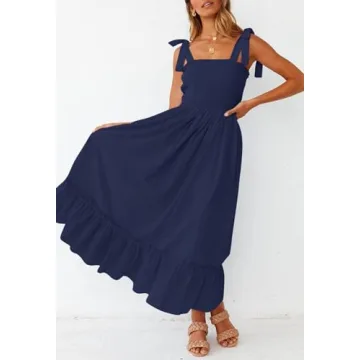 ZESICA Women's 2024 Summer Boho Spaghetti Strap Square Neck Solid Color Ruffle A Line Beach Long Maxi Dress,Navy,Small