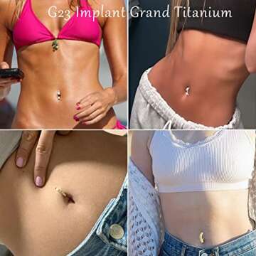 VOJO 14G G23 Titanium Clicker Belly Button Ring with Diamonds - 10/12mm Reverse Curved Hoop Piercing...