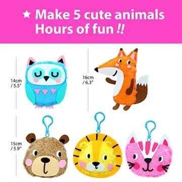 KRAFUN My First Sewing Animal for Kids, Beginner Art & Craft, 5 Easy Activities Stuffed Animal Dolls, Keyring Charms, Instructions & Felt Materials for Learn to Sew, Embroidery