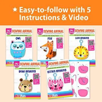 KRAFUN My First Sewing Animal for Kids, Beginner Art & Craft, 5 Easy Activities Stuffed Animal Dolls, Keyring Charms, Instructions & Felt Materials for Learn to Sew, Embroidery