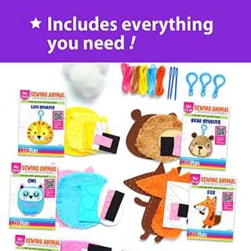 KRAFUN My First Sewing Animal for Kids, Beginner Art & Craft, 5 Easy Activities Stuffed Animal Dolls, Keyring Charms, Instructions & Felt Materials for Learn to Sew, Embroidery