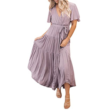 R.Vivimos Summer Dress for Women Cotton Ruffle Short Sleeves V Neck Casual Flowy Midi Dress with Bel...