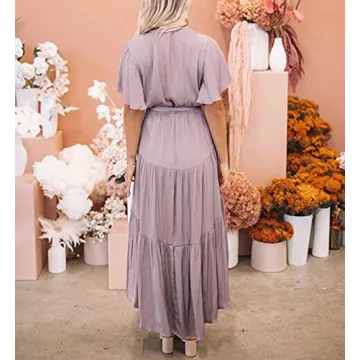 R.Vivimos Summer Dress for Women Cotton Ruffle Short Sleeves V Neck Casual Flowy Midi Dress with Belt (Large, Lavender-Shortsleeve)