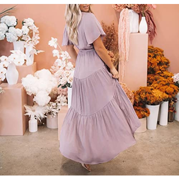 R.Vivimos Summer Dress for Women Cotton Ruffle Short Sleeves V Neck Casual Flowy Midi Dress with Belt (Large, Lavender-Shortsleeve)