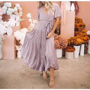R.Vivimos Summer Dress for Women Cotton Ruffle Short Sleeves V Neck Casual Flowy Midi Dress with Belt (Large, Lavender-Shortsleeve)