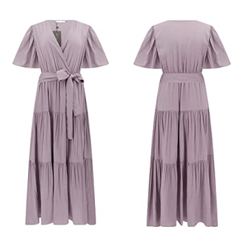 R.Vivimos Summer Dress for Women Cotton Ruffle Short Sleeves V Neck Casual Flowy Midi Dress with Belt (Large, Lavender-Shortsleeve)