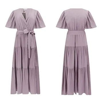 R.Vivimos Summer Dress for Women Cotton Ruffle Short Sleeves V Neck Casual Flowy Midi Dress with Belt (Large, Lavender-Shortsleeve)