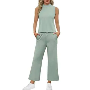 SAMPEEL Two Piece Set for Women Summer Outfits Vacation Trendy Lounge Sets Mock Neck Matching Sets Women Clothing Wide Leg Crop Pants Set Travel Airport Sweat Set
