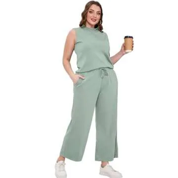 SAMPEEL Two Piece Set for Women Summer Outfits Vacation Trendy Lounge Sets Mock Neck Matching Sets Women Clothing Wide Leg Crop Pants Set Travel Airport Sweat Set