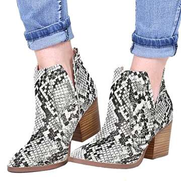 Kathemoi Womens Slip on Ankle Boots V Cutout Pointed Toe Chunky Stacked Mid Heel Western Booties, Sn...