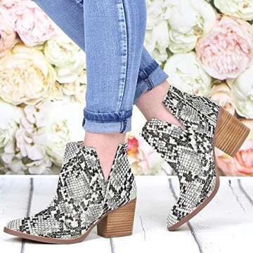 Kathemoi Womens Slip on Ankle Boots V Cutout Pointed Toe Chunky Stacked Mid Heel Western Booties, Snakeskin, Size 8