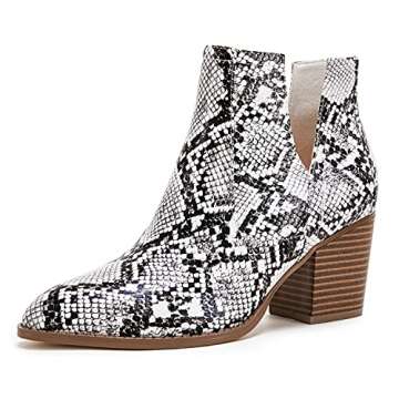 Kathemoi Womens Slip on Ankle Boots V Cutout Pointed Toe Chunky Stacked Mid Heel Western Booties, Snakeskin, Size 8