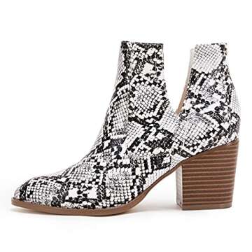 Kathemoi Womens Slip on Ankle Boots V Cutout Pointed Toe Chunky Stacked Mid Heel Western Booties, Snakeskin, Size 8