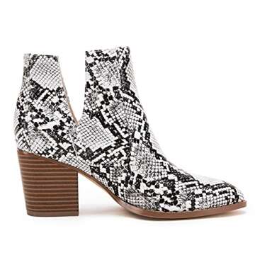 Kathemoi Womens Slip on Ankle Boots V Cutout Pointed Toe Chunky Stacked Mid Heel Western Booties, Snakeskin, Size 8