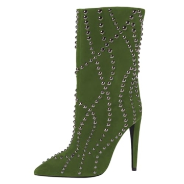 FSJ Women Stiletto Heel Pointed Toe Rivets Ankle Boots - Fashion Mid Calf Booties
