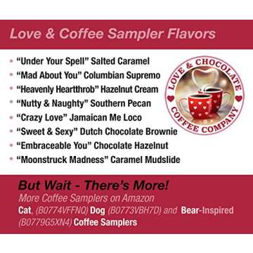 Romantic Coffee Flavors Sampler for Coffee Lovers | Sampler 8 Fun Delicious Fresh Roasted Gourmet Coffees with Love-Inspired Flavor Names and Descriptions on Labels