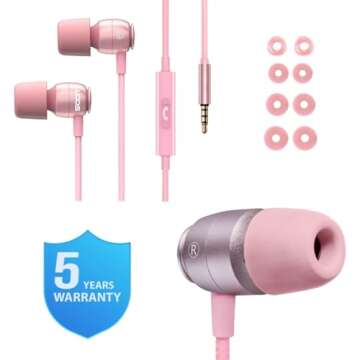 LUDOS Clamor Wired Earbuds in-Ear Headphones, 5 Years Warranty, Earphones with Microphone, Noise Isolating Ear Buds, Memory Foam for iPhone, Samsung, School Students, Kids, Women, Small Ears - Pink