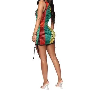 Womens Tank Colorful Stripe Fishnet Cover up Mini Dress Bikinis Swimwear Rasta Dress Floral Medium