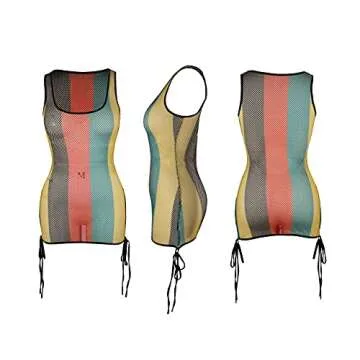 Womens Tank Colorful Stripe Fishnet Cover up Mini Dress Bikinis Swimwear Rasta Dress Floral Medium