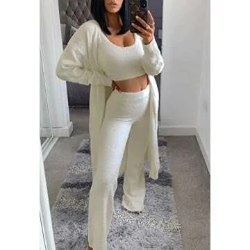 Linsery Three Piece Cozy Outfit for Women Soft Fuzzy Open Front Cardigan and Crop Top Wide Leg Pants...